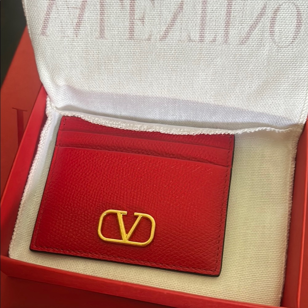 Valentino Scarlet Card Holder with Gold Emblem